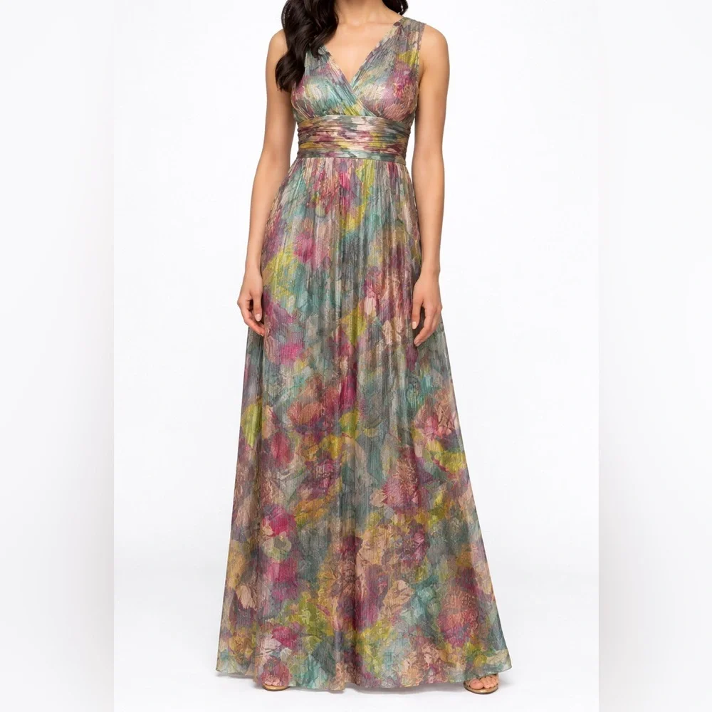 🆕 Ignite Evenings Metallic Floral Maxi Dress Size 16 Teal Gold Gown Pleated Prom - Picture 1 of 16